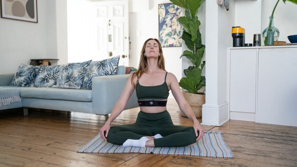 Woman practicing deep breathing exercises to improve vagal tone and reduce stress
