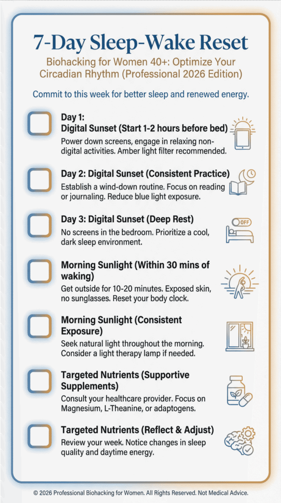 7-Day Sleep-Wake Reset Checklist for circadian rhythm optimization.
