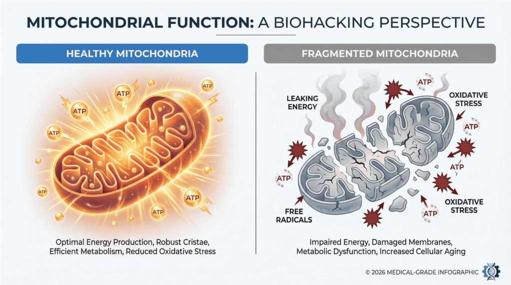Comparison chart of healthy vs fragmented mitochondria in cellular energy production.