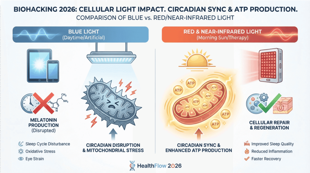Infographic showing the impact of blue light vs red light on mitochondrial ATP production.