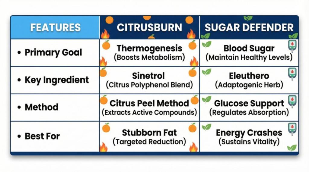 Comparison chart CitrusBurn vs Sugar Defender ingredients and benefits