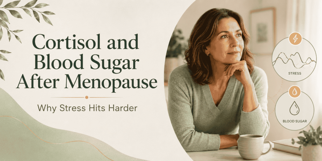 Woman over 40 learning how cortisol and blood sugar are connected after menopause