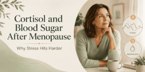 Woman over 40 learning how cortisol and blood sugar are connected after menopause