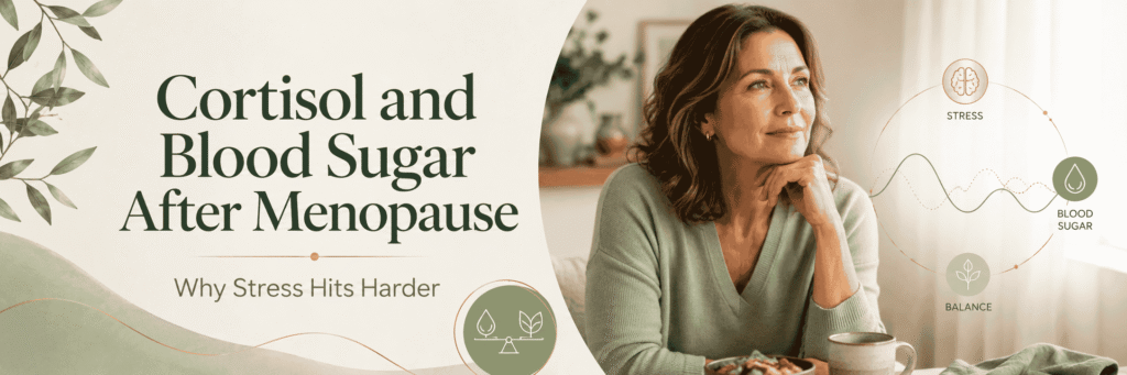 Woman over 40 learning how cortisol and blood sugar are connected after menopause